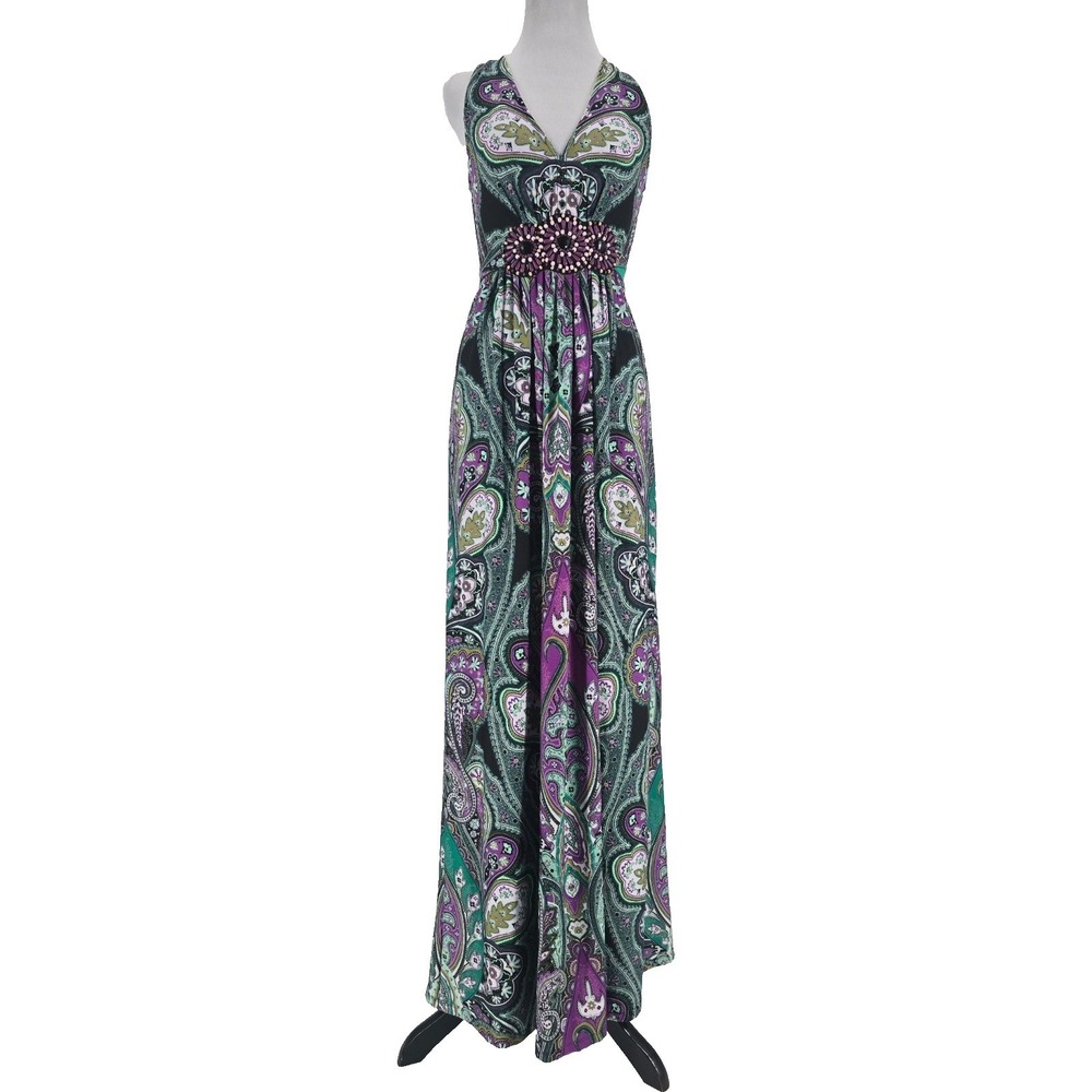 ICE Purple Green Paisley Beaded Empire Waist Maxi Dress Boho Halter Sleeveless 6